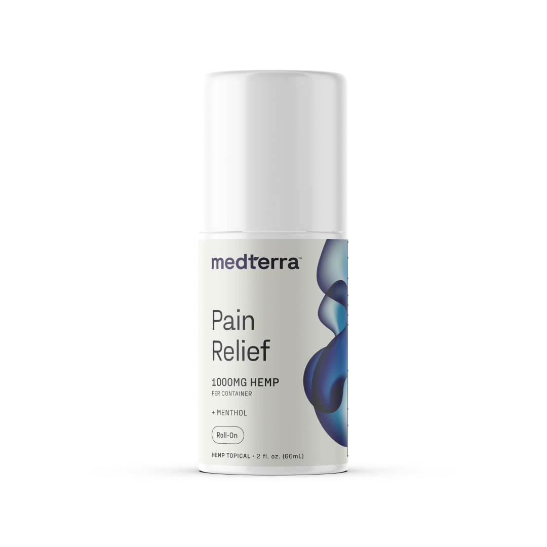 Medterra Pain Relief Roll-On, 1000mg CBD, menthol, 2 fl. oz. bottle for joint pain relief.