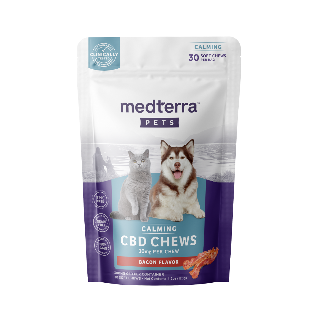 Medterra Pet CBD Calming Chews package, bacon flavor, 10mg CBD per chew, 30 soft chews, THC-free, enriched with Valerian Root.