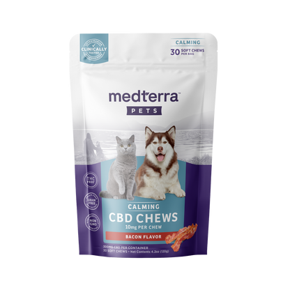 Medterra Pet CBD Calming Chews package, bacon flavor, 10mg CBD per chew, 30 soft chews, THC-free, enriched with Valerian Root.