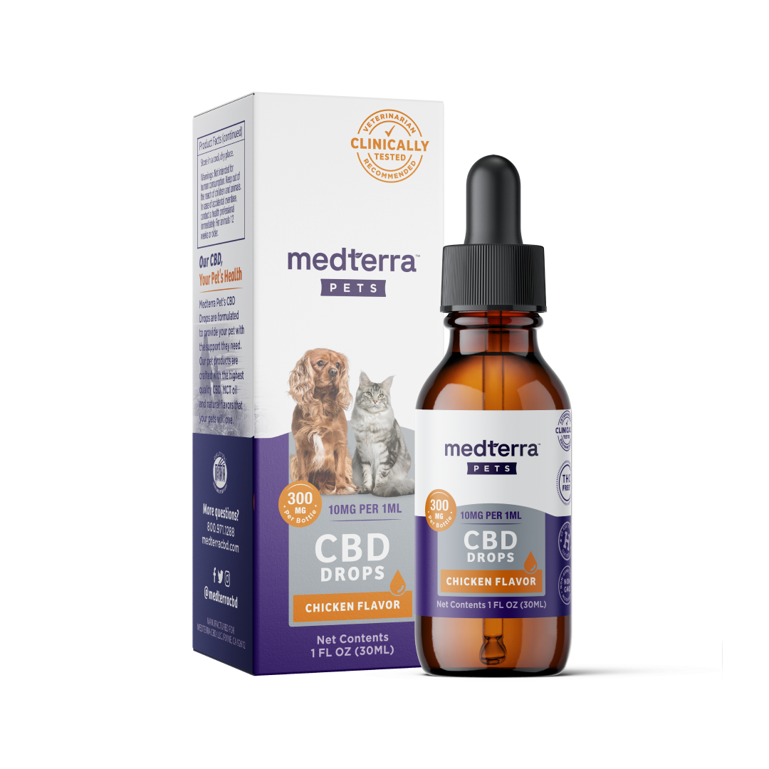 Medterra Pet CBD Drops in Chicken Flavor, 300mg CBD, 1 fluid ounce bottle with a box featuring a dog and cat.