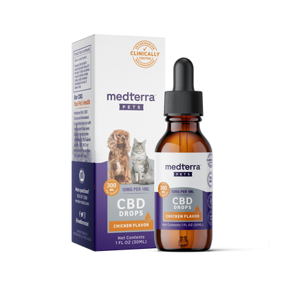 Medterra Pet CBD Drops in Chicken Flavor, 300mg CBD, 1 fluid ounce bottle with a box featuring a dog and cat.