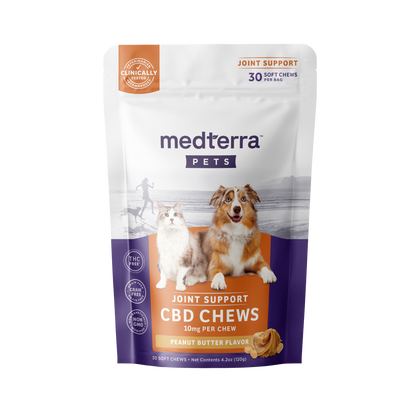 Medterra Pet CBD Joint Support Chews package, peanut butter flavor, 10mg CBD per chew, glucosamine for joint health.