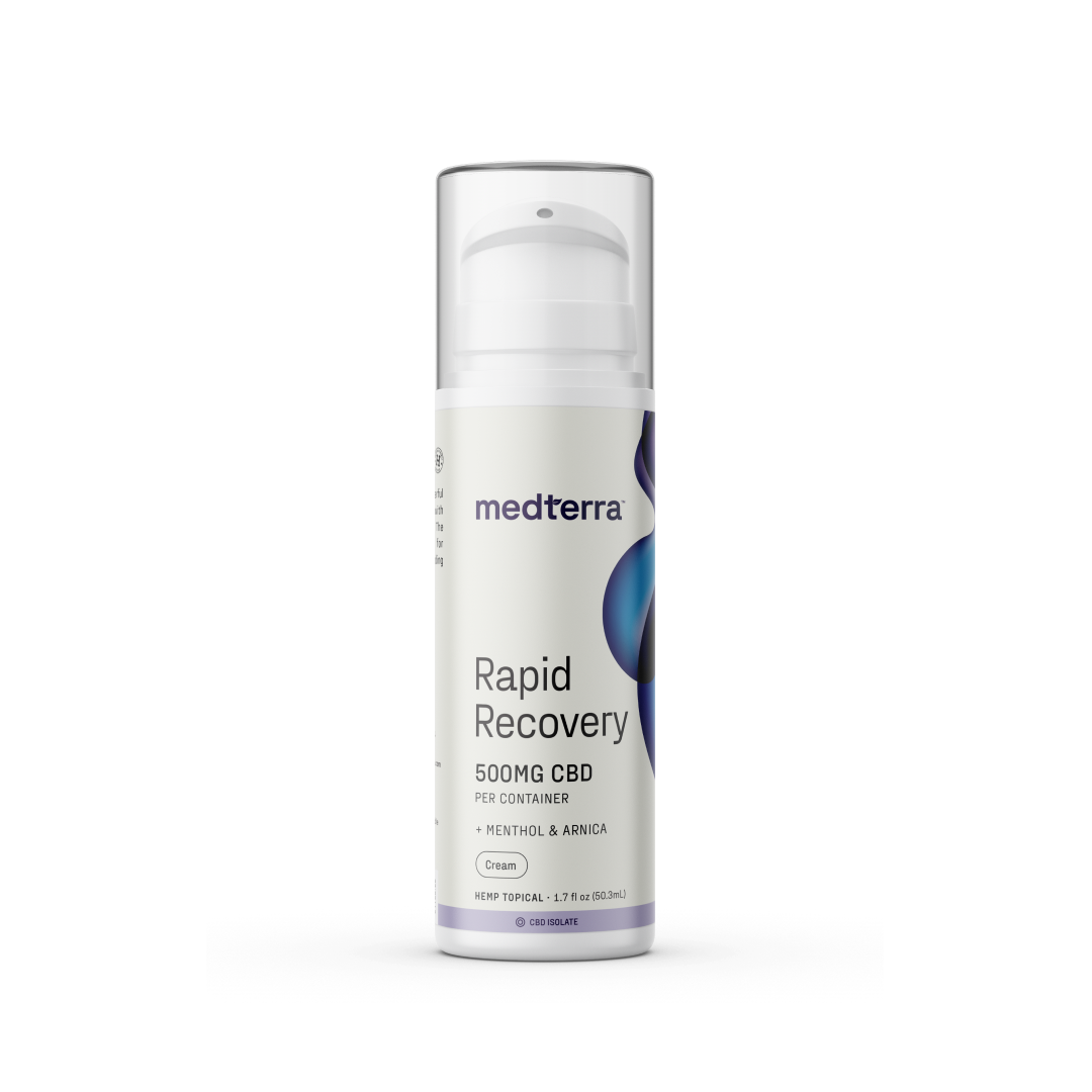 Rapid Recovery CBD Cream, 500mg CBD, contains menthol and arnica, THC-free.