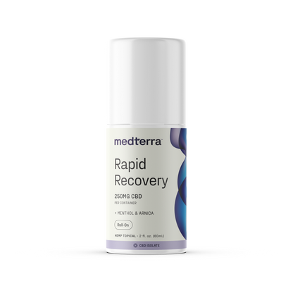 Medterra Rapid Recovery CBD Roll On bottle, 250mg CBD, menthol, arnica, 2 fl oz.