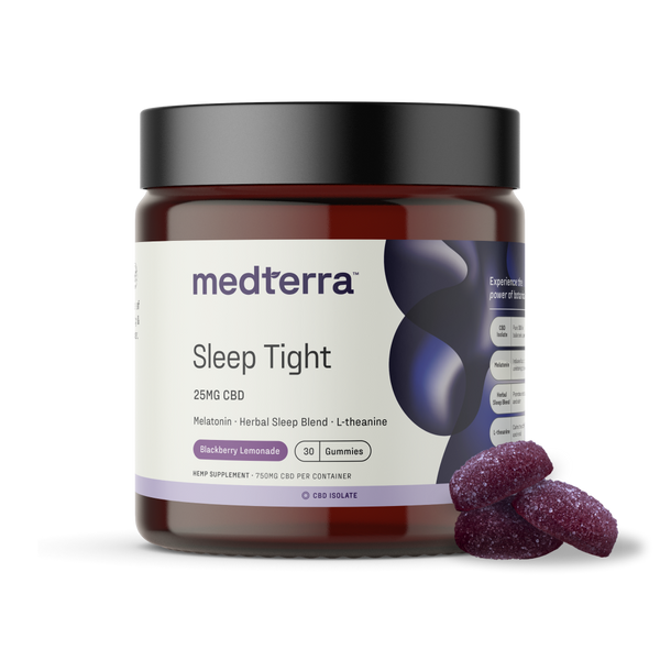 Front view of Sleep Tight 25 mg CBD gummy jar with Blackberry Lemonade label and three purple sugar-coated gummies on white background