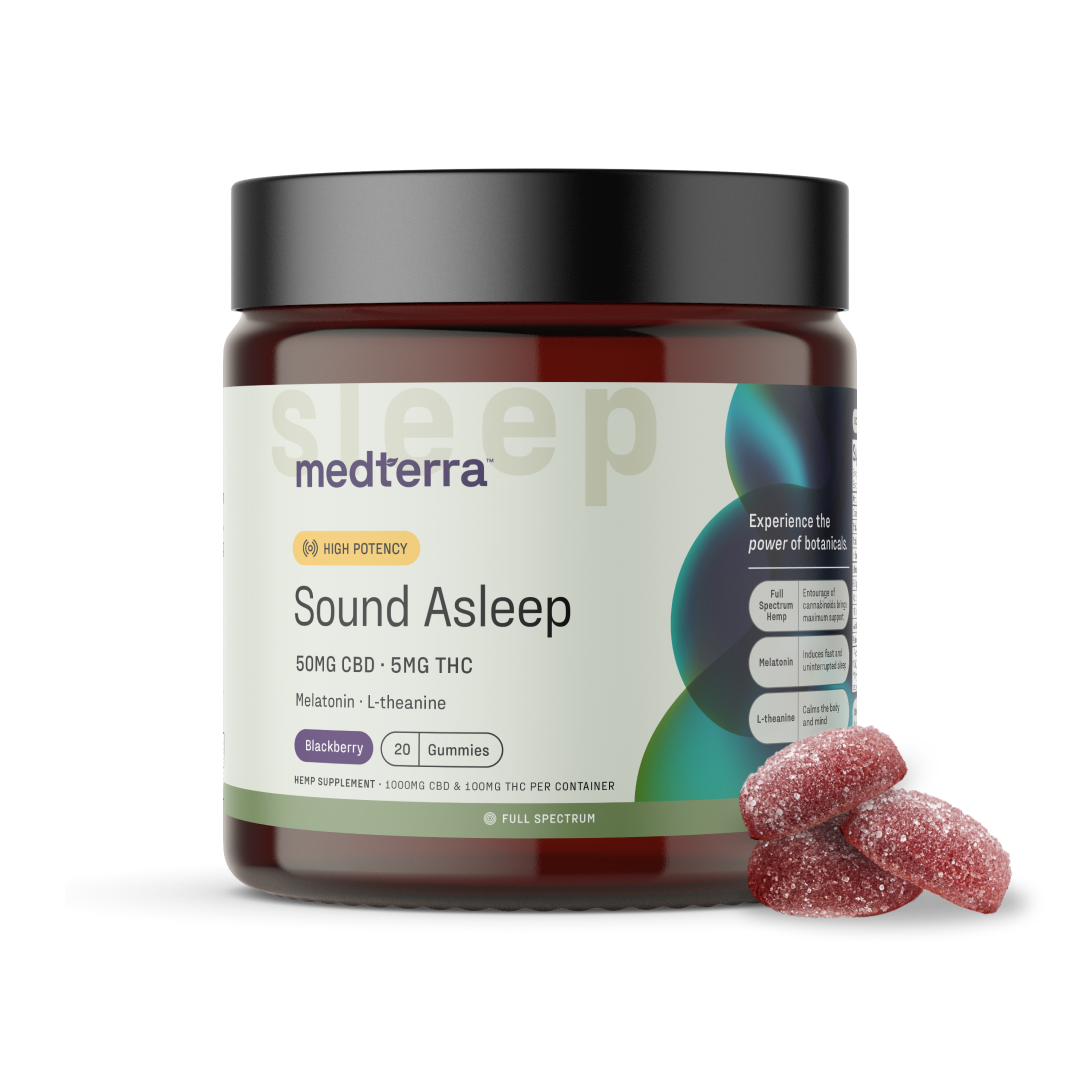 A jar of Medterra Sound Asleep Gummies featuring a potent blend of 50 mg CBD and 5 mg THC, enriched with melatonin and L-theanine. The jar contains 20 blackberry-flavored gummies, some of which are placed beside it. The label emphasizes it as a sleep aid supplement for restful nights.