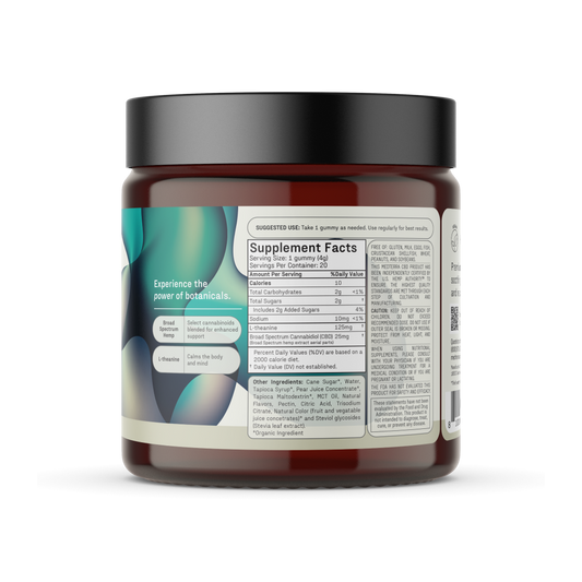 Calm CBD Gummies jar with 25mg CBD, strawberry lemonade flavor, 20 gummies, stress reduction properties.