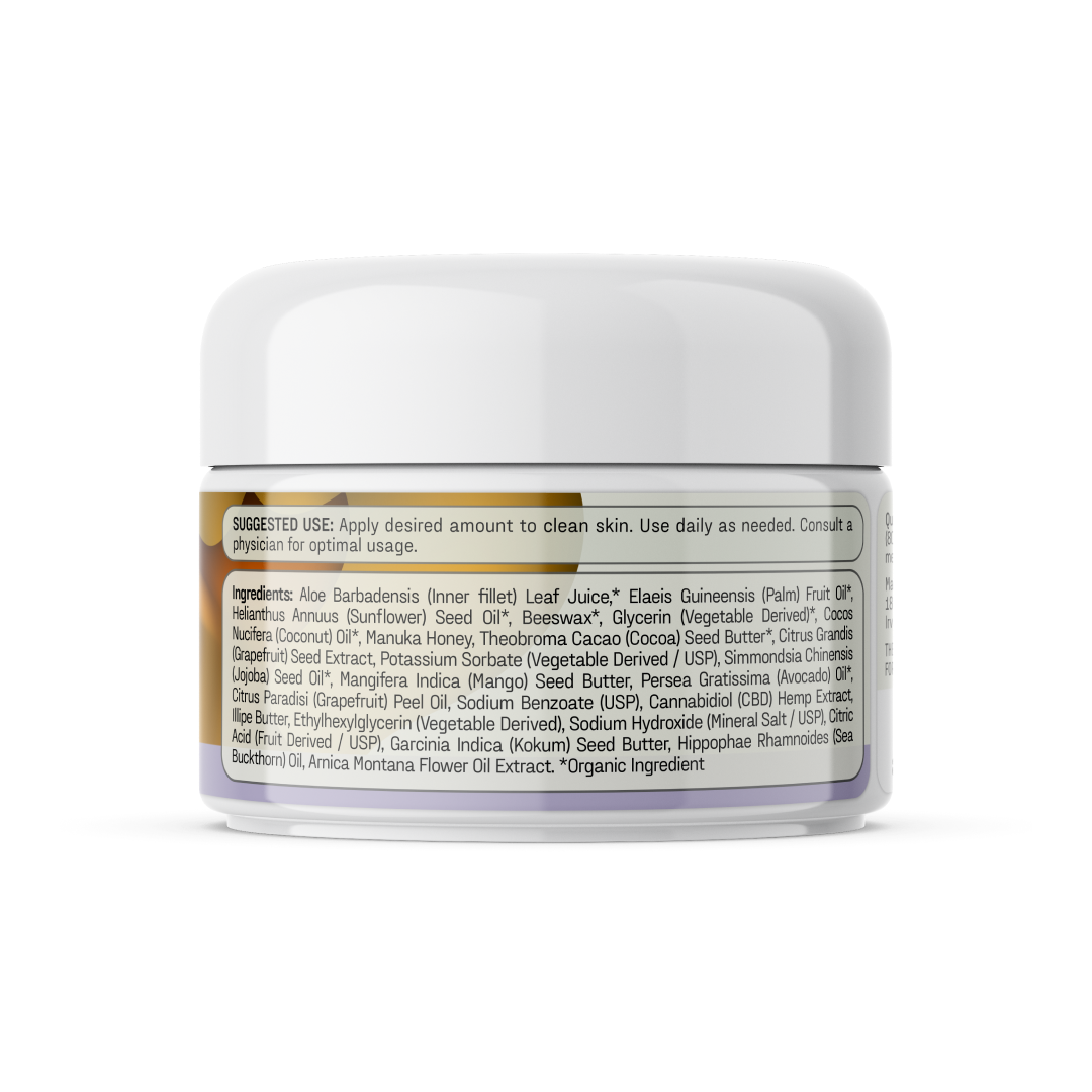 A white jar of Medterra's Manuka Care Cream is labeled with suggested use and a list of ingredients, including luxurious aloe barbadensis leaf juice and moisturizing elaesis guineensis palm fruit oil. The suggested use advises applying a desired amount of this skincare cream to clean skin daily and consulting a physician as needed.