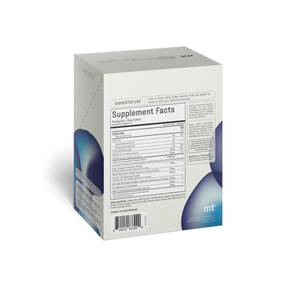 The image shows the back of a rectangular supplement box labeled "Supplement Facts" and various details listed under it. The box, primarily white with dark blue and gray gradient accents, highlights Medterra's Mending Mushrooms blend for antioxidant benefits.