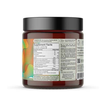 A brown translucent plastic jar with a black lid contains Medterra's Mood Boost Gummies. The label, featuring colorful abstract designs, includes supplement facts and dosage information. The text highlights details about artificial flavors, colors, and the serving size.