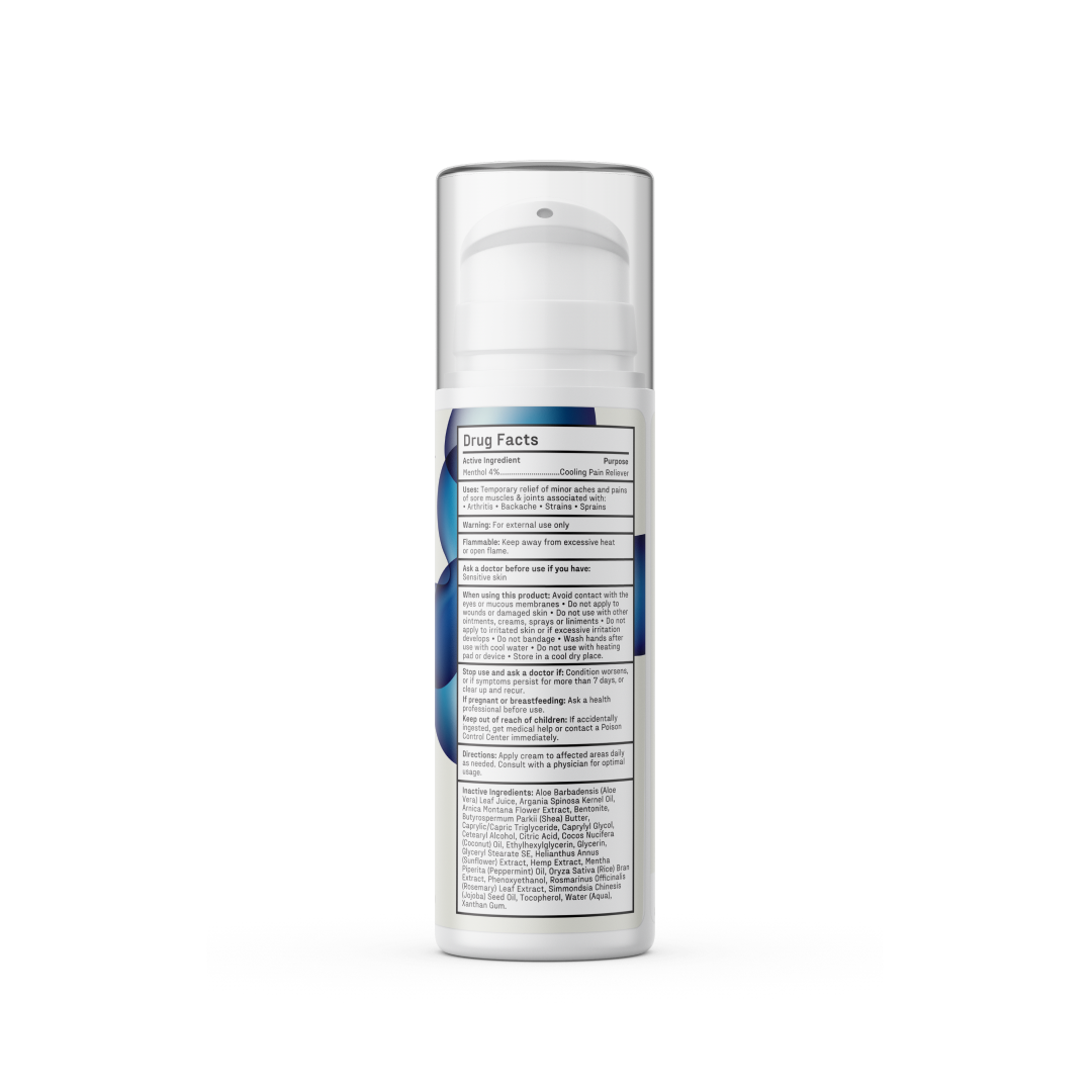 Image of a white cylindrical bottle with a pump dispenser. The bottle is labeled with drug facts and detailed usage instructions for Medterra's Pain Relief Cream. It appears to be a healthcare product targeting arthritis and joint pain. Blue accents and a clear plastic lid are also visible.