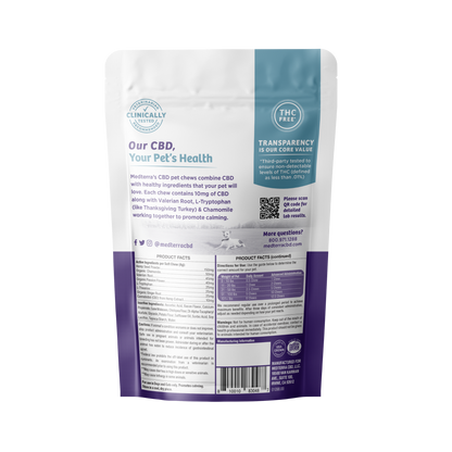A resealable white and purple bag of Medterra's Pet CBD Calming Chews. The front showcases product details such as "Clinically Tested," "THC Free," and "Our CBD, Your Pet's Health." Enhanced with Valerian Root, the back provides comprehensive ingredients, dosage instructions, and contact information.