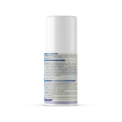 The Rapid Recovery CBD Roll On by Medterra is displayed in a white cylindrical bottle with a gray cap. The front label details ingredients like Aloe Barbadensis Leaf Juice along with other substances, including CBD designed to support joints and muscles. There are directions for use and certifications listed, though the text is too small to read clearly.