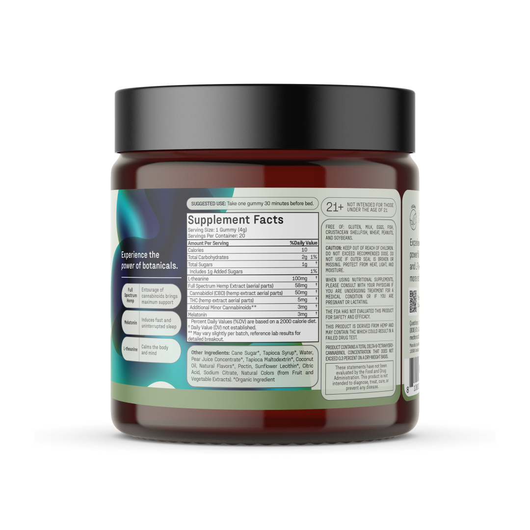 A cylindrical, brown container with a black lid labeled "Sound Asleep Gummies" by Medterra features Supplement Facts detailing servings per container, ingredient amounts, and additional information. Instructions for use and product marketing text are displayed on the left side, emphasizing melatonin as a key sleep aid ingredient.