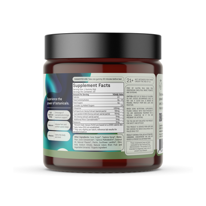 A cylindrical, brown container with a black lid labeled "Sound Asleep Gummies" by Medterra features Supplement Facts detailing servings per container, ingredient amounts, and additional information. Instructions for use and product marketing text are displayed on the left side, emphasizing melatonin as a key sleep aid ingredient.