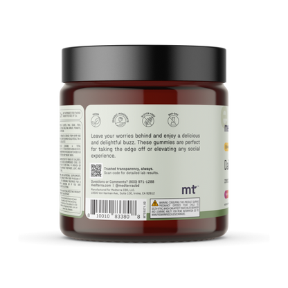 Rewrite:

A jar with a dark, translucent body and a black lid. The label features text detailing the product's use, suggesting that the Daily Delight Gummies by Medterra inside are perfect for relaxation or enhancing social experiences. Barcodes and customer service info are visible at the bottom.