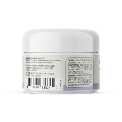 A small white jar labeled "Manuka Care Cream" by Medterra displays text and warnings. The label provides contact information, the manufacturer's address, and usage instructions. It also includes a cautionary note advising to keep the skincare product out of reach of children and for external use only.