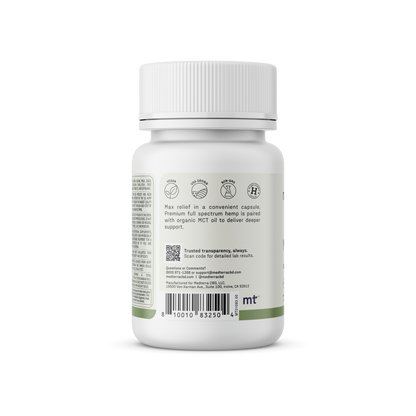 A white supplement bottle with a white cap is depicted. The label features icons indicating "Gluten-Free," "Vegan," "Non-GMO," and "No Artificial Ingredients." The text highlights relief and support from MCT oil and Full Spectrum CBD for an Entourage Effect. A QR code is visible on the label, showcasing the product: Max Relief Full Spectrum Capsules by Medterra.