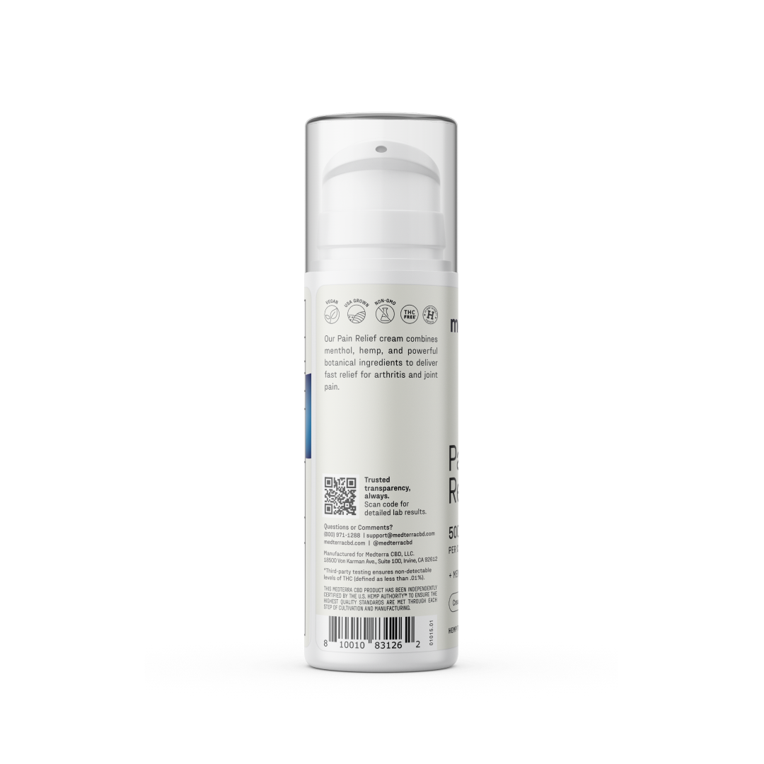 A vertical white bottle with a pump dispenser and text on the label detailing ingredients and uses. Medterra's Pain Relief Cream includes Menthol and Arnica for arthritis and joint pain. Icons enhance the description, while a barcode and QR code are visible near the bottom on the back of the bottle.