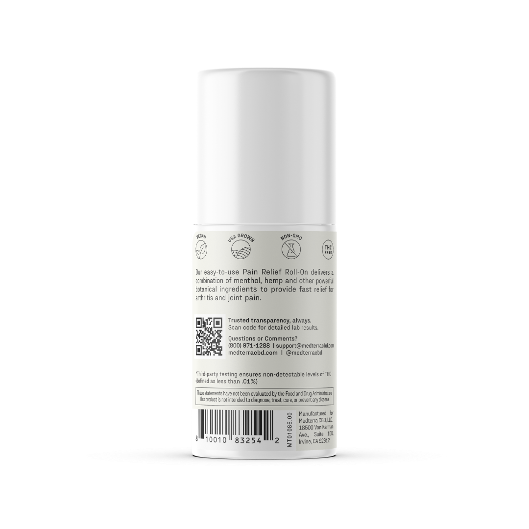 A cylindrical container of the Medterra Pain Relief Roll-On viewed from the back, showcasing a label adorned with text and icons. The label includes a QR code, usage instructions, and a barcode at the bottom. This white Pain Relief Roll-On contains 1000mg CBD and comes with a roll-on applicator designed for joint pain relief.