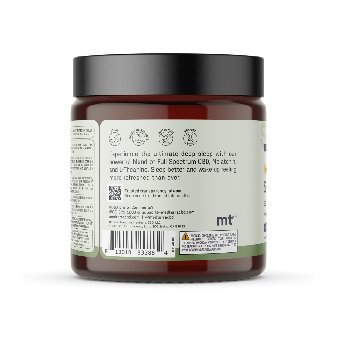 The Sound Asleep Gummies from Medterra come in a dark red container with a black lid. The label showcases the product's blend of Full Spectrum CBD, Melatonin, and L-Theanine as effective sleep aids. It also provides usage instructions, dietary information, and customer support contact details.