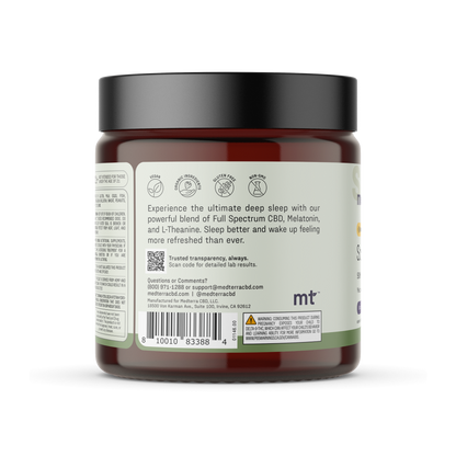 The Sound Asleep Gummies from Medterra come in a dark red container with a black lid. The label showcases the product's blend of Full Spectrum CBD, Melatonin, and L-Theanine as effective sleep aids. It also provides usage instructions, dietary information, and customer support contact details.