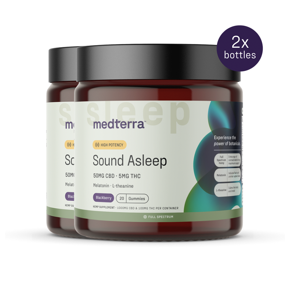 Medterra's "Sound Asleep" Gummies [Free] feature 50mg CBD, 5mg THC, melatonin, and L-theanine per serving to aid sleep. Each pack includes two bottles with 20 high-potency blackberry-flavored gummies each, designed for those seeking the highest potency in their nightly routine.