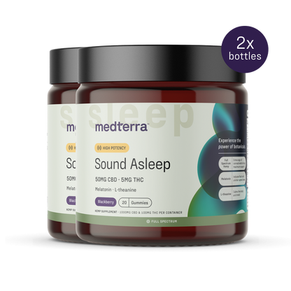 Medterra's "Sound Asleep" Gummies [Free] feature 50mg CBD, 5mg THC, melatonin, and L-theanine per serving to aid sleep. Each pack includes two bottles with 20 high-potency blackberry-flavored gummies each, designed for those seeking the highest potency in their nightly routine.