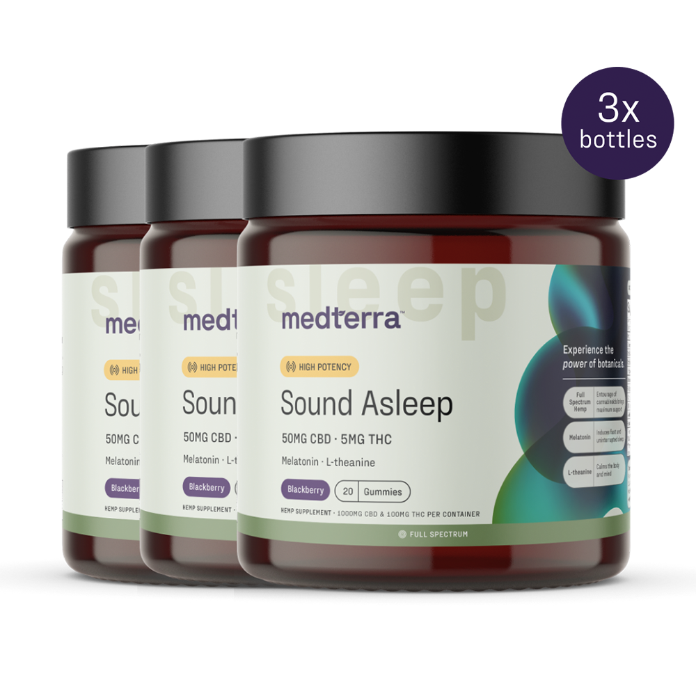 Three jars of Medterra's Sound Asleep Gummies are displayed. Each jar, in a rich brown color, features labels showing they contain 50mg CBD, 5mg THC, melatonin, and L-Theanine. These blackberry-flavored gummies are crafted to support sleep with their highest potency formulation and the benefits of botanical ingredients prominently highlighted.