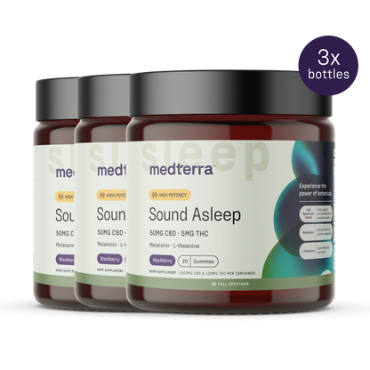 Three jars of Medterra's Sound Asleep Gummies are displayed. Each jar, in a rich brown color, features labels showing they contain 50mg CBD, 5mg THC, melatonin, and L-Theanine. These blackberry-flavored gummies are crafted to support sleep with their highest potency formulation and the benefits of botanical ingredients prominently highlighted.