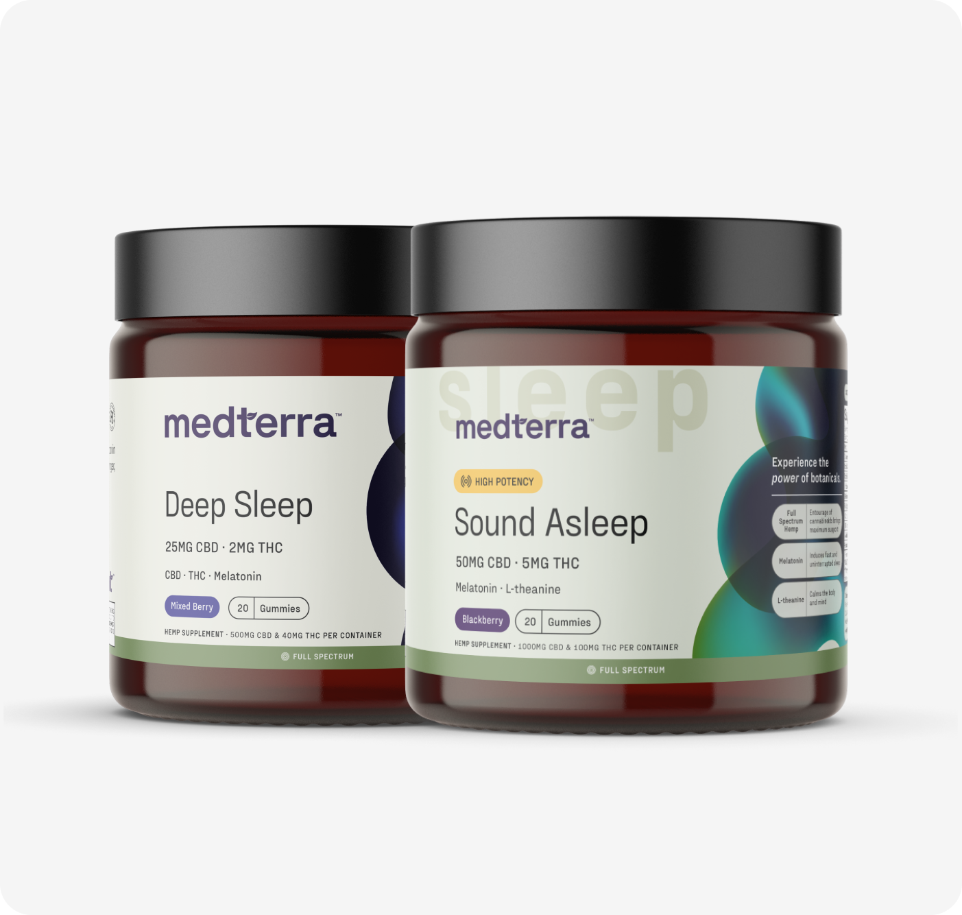 Front view of Better Sleep Bundle jars showing Deep Sleep 25mg CBD 2mg THC and Sound Asleep 50mg CBD 5mg