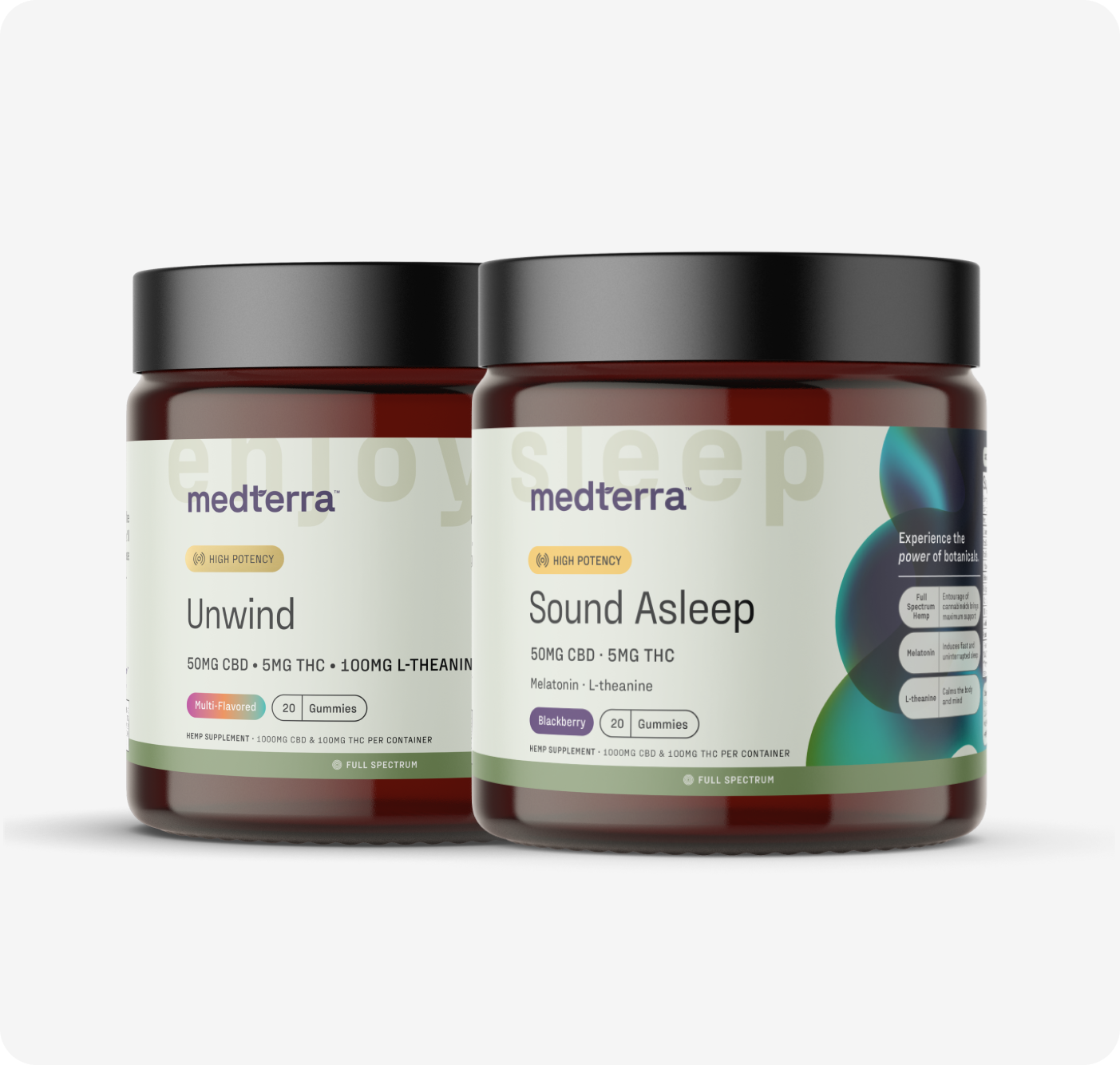 The Medterra Rest & Restore Bundle includes two jars of gummies: "Unwind" with 50mg CBD, 5mg THC, and 100mg L-Theanine in Passion Fruit flavor; and "Sound Asleep" with Melatonin and L-Theanine in Blackberry flavor. Both are high potency.