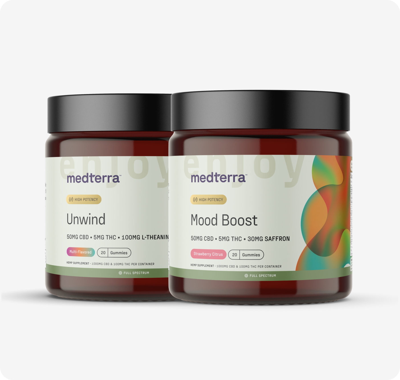 Two jars from Medterra's Mood Gummies Bundle are displayed: one labeled "Unwind" with 50mg CBD, 5mg THC, and 100mg L-Theanine, and the other "Mood Boost" with 50mg CBD, 5mg THC, and 30mg Saffron. Both have a Strawberry Citrus flavor.