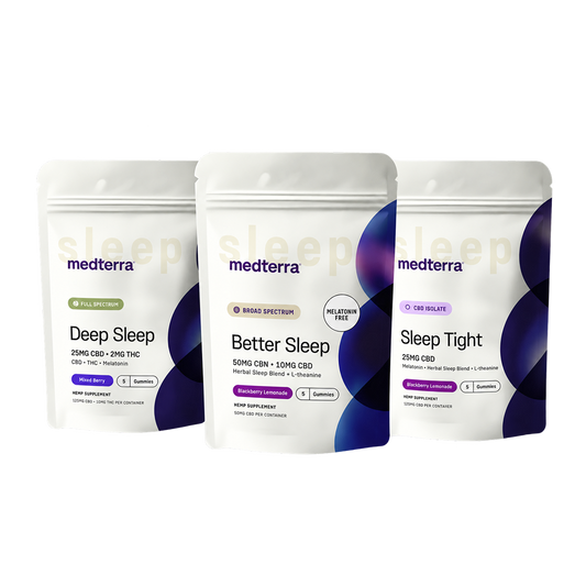 Three Medterra Better Sleep Discovery Kit pouches stand side by side, each featuring unique CBD and CBN blends in white and purple packaging on a plain background.