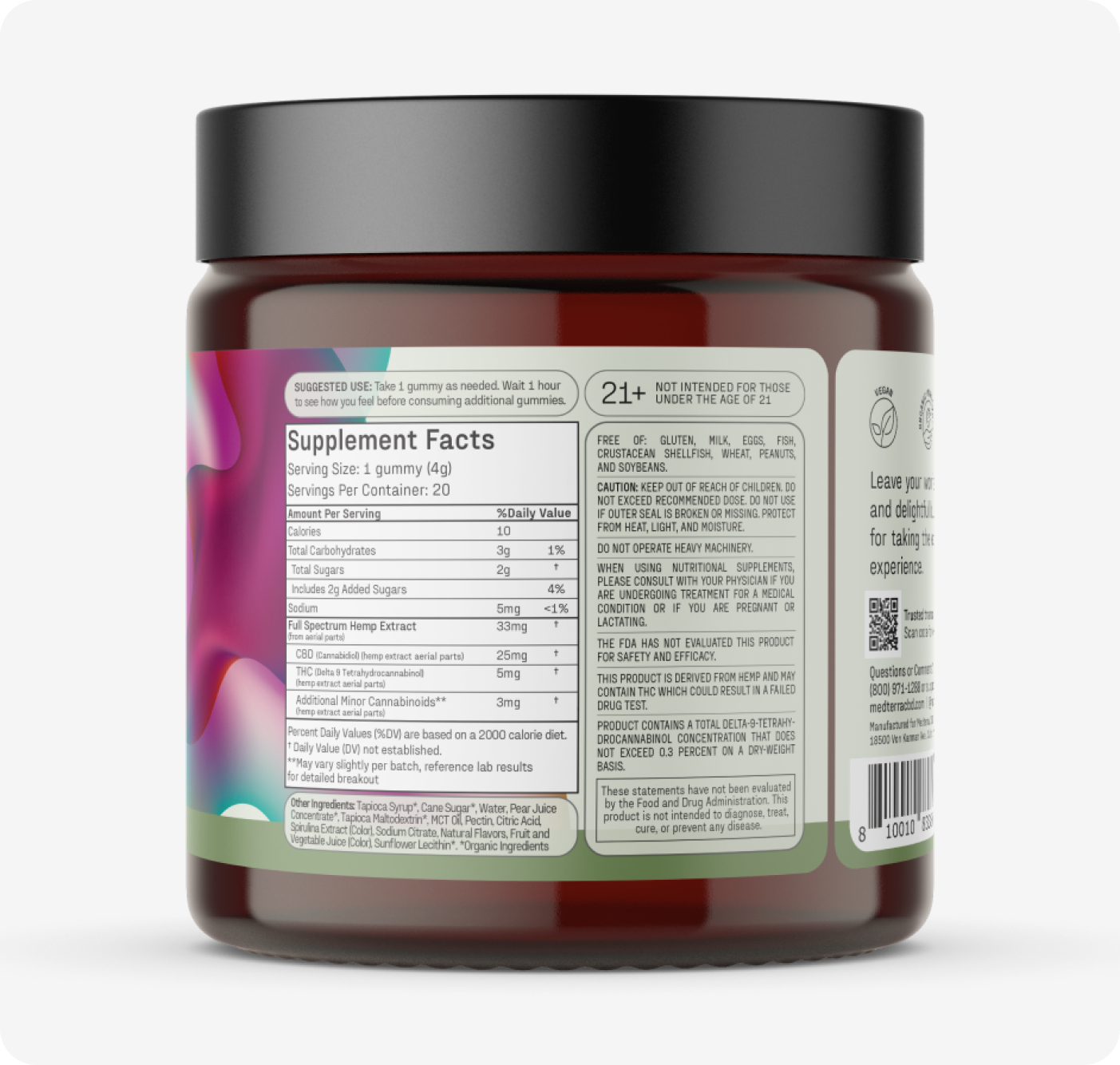 A jar of "Mother's Day Bundle" gummy supplements from Medterra, labeled with supplement facts and usage instructions amongst colorful abstract patterns, has a black lid and warns it's not for those under 21.