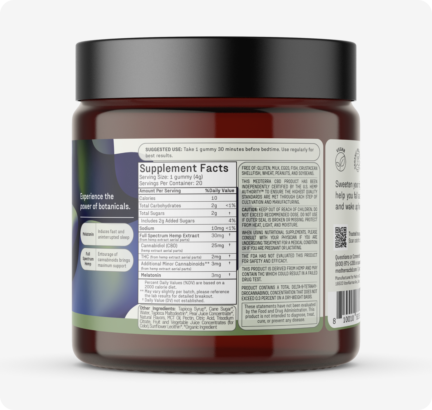 A jar with a black lid showcasing supplement facts and suggested use instructions on the label, highlighting botanical ingredients and including sugar content and other dietary details from Medterra's Better Sleep Bundle.