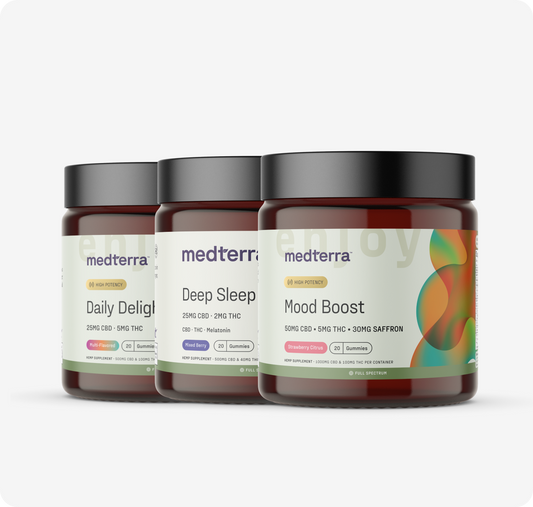 The Mother's Day Bundle by Medterra includes three jars of supplements: Daily Delight, Deep Sleep Gummies, and Mood Boost. Each features a clean label design with CBD, THC content, additional ingredients, and the Medterra logo.