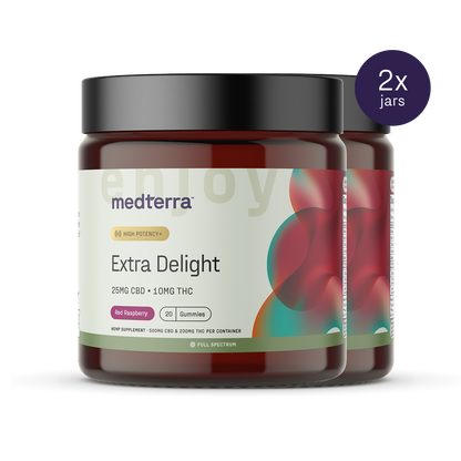 Two jars of Medterra's Extra Delight 10mg THC Gummies, each with 20 raspberry gummies containing 25mg CBD and 10mg THC per piece. Circular label highlights this high-potency, flavorful 2-jar set from Medterra.