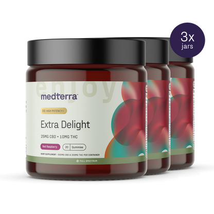 Three jars of Medterra Extra Delight 10mg THC Gummies, labeled “25mg CBD + 10mg THC” and “High Potency.” A purple circle reads “3x jars.” Amber jars with black lids hold delicious red raspberry gummies.
