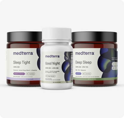 The Medterra Multi-Spectrum CBD Sleep Bundle displays three dark jar products: Sleep Tight with melatonin, Good Night with CBD+CBN, and Deep Sleep with CBD+THC, each tailored for different sleep aid needs.