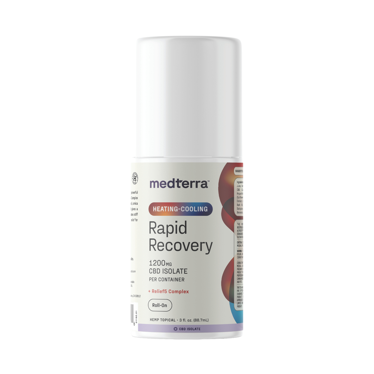 The Medterra Heating-Cooling Rapid Recovery Roll On is a white bottle with red and blue accents, labeled "1200mg CBD Isolate per container," offering powerful topical hemp relief in a fast-acting formula.
