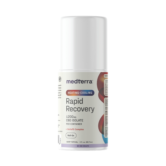 The Medterra Heating-Cooling Rapid Recovery Roll On is a white bottle with red and blue accents, labeled "1200mg CBD Isolate per container," offering powerful topical hemp relief in a fast-acting formula.