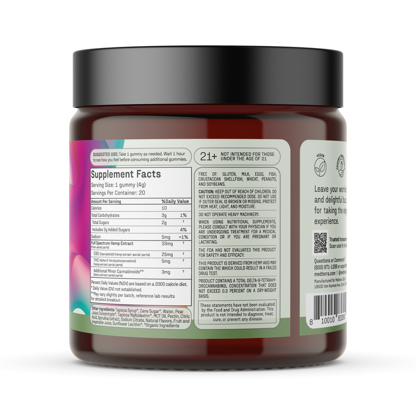 A close-up of a Medterra Daily Delight 5mg THC Gummies jar features supplement facts, ingredients, usage instructions, and warnings. The amber jar with black lid spotlights its THC CBD blend for stress relief on a crisp white background.