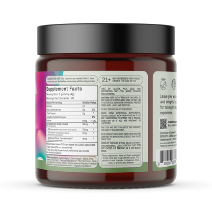 A close-up of a Medterra Daily Delight 5mg THC Gummies jar features supplement facts, ingredients, usage instructions, and warnings. The amber jar with black lid spotlights its THC CBD blend for stress relief on a crisp white background.