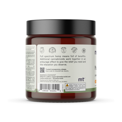 A brown jar with a black lid. The label highlights "Full Spectrum Hemp Extract" and its entourage effect benefits, along with contact details for the manufacturer. A barcode, warning label, and QR code are also present. The product is named "Max Relief Gummies [Free]" and is made by Medterra CBD (a company known by the initials MT).