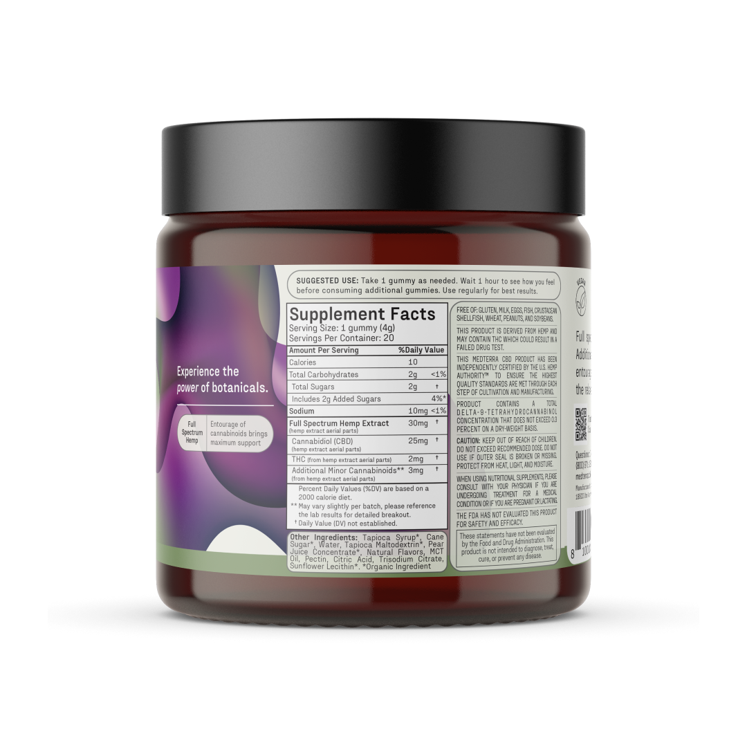 A cylindrical brown jar with a black lid, branded as Medterra CBD's Max Relief Gummies [Free], features a label with text and supplement facts, along with graphic elements showcasing green and purple patterns. The instructions and ingredients, including Full Spectrum Hemp Extract for the entourage effect, are printed in fine print.