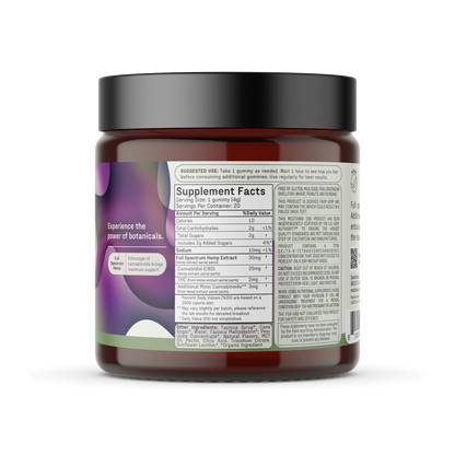 A cylindrical brown jar with a black lid, branded as Medterra CBD's Max Relief Gummies [Free], features a label with text and supplement facts, along with graphic elements showcasing green and purple patterns. The instructions and ingredients, including Full Spectrum Hemp Extract for the entourage effect, are printed in fine print.