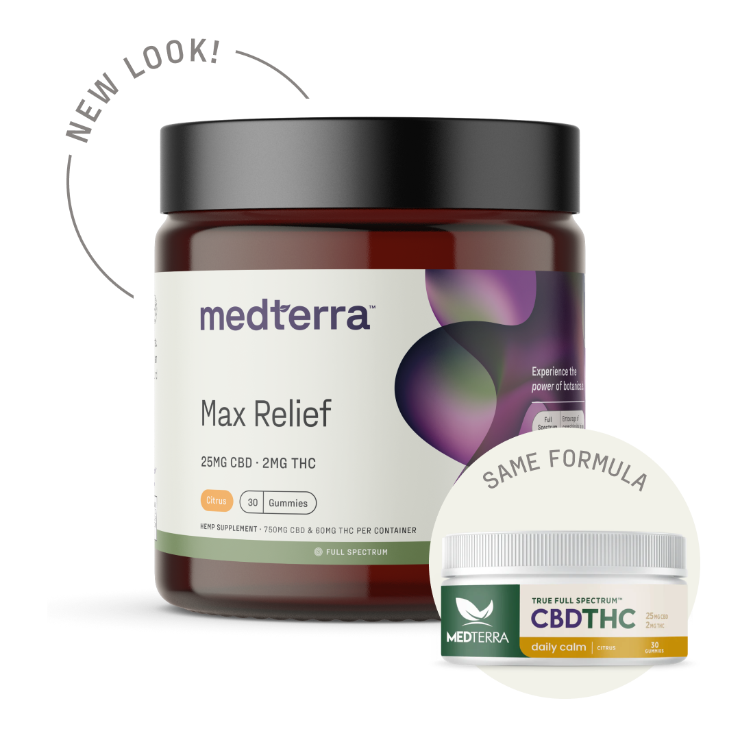 Image of Medterra CBD Max Relief Gummies [FREE] in a dark amber jar with the label showing "25MG CBD + 2MG THC, Citrus, 30 Gummies." A small circular cutout also displays an older product labeled "Medterra True Full Spectrum Hemp Extract" with "Same Formula" written above it, highlighting the Entourage Effect.