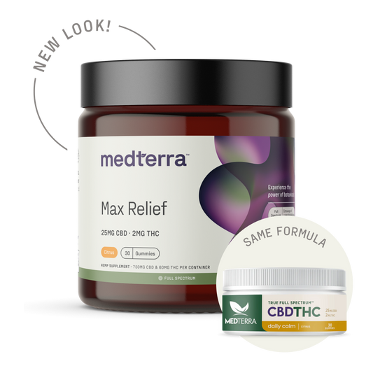 Image of Medterra CBD Max Relief Gummies [FREE] in a dark amber jar with the label showing "25MG CBD + 2MG THC, Citrus, 30 Gummies." A small circular cutout also displays an older product labeled "Medterra True Full Spectrum Hemp Extract" with "Same Formula" written above it, highlighting the Entourage Effect.