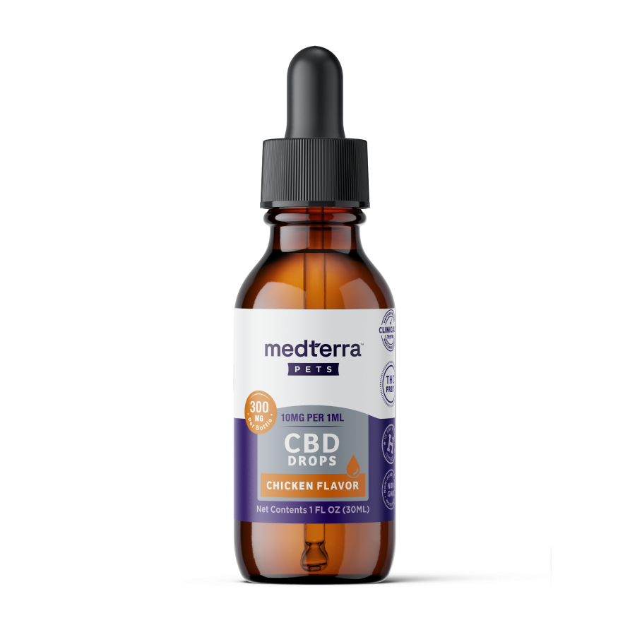 A brown glass dropper bottle labeled "Medterra Daily Relief Pet CBD Tincture, Chicken Flavor, 300mg, 10mg per 1ml, Net Contents 1 FL OZ (30ml)" with black cap and dropper—CBD tincture for pets to help support joint health.